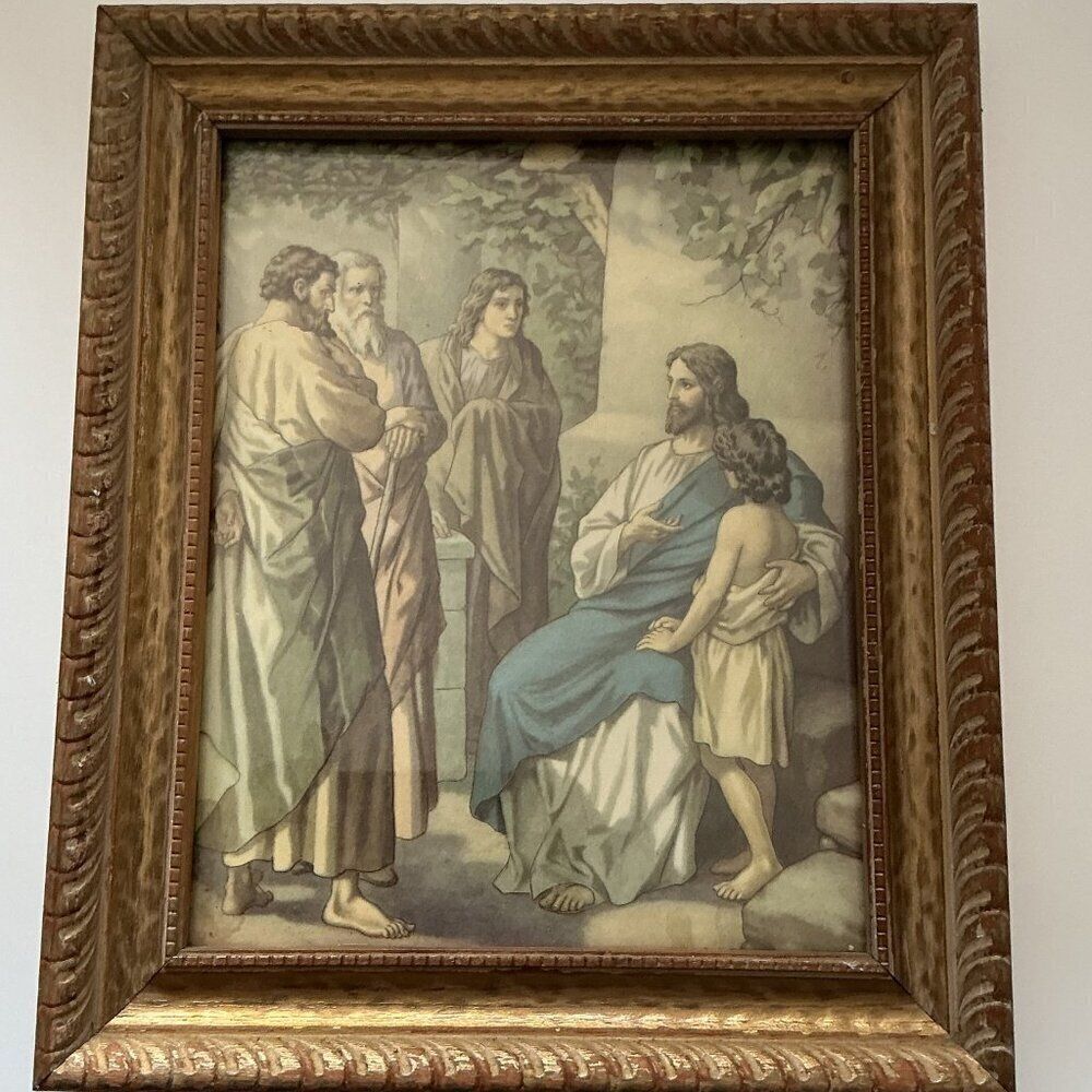 Vintage Heinrich Hofmann "Jesus and the Child in the Midst" Framed Art Print – O